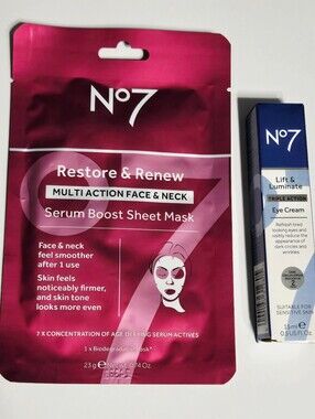 No7 Skincare Bundle Lift & Luminate Eye Cream 15ml + Restore & Renew Sheet Mask